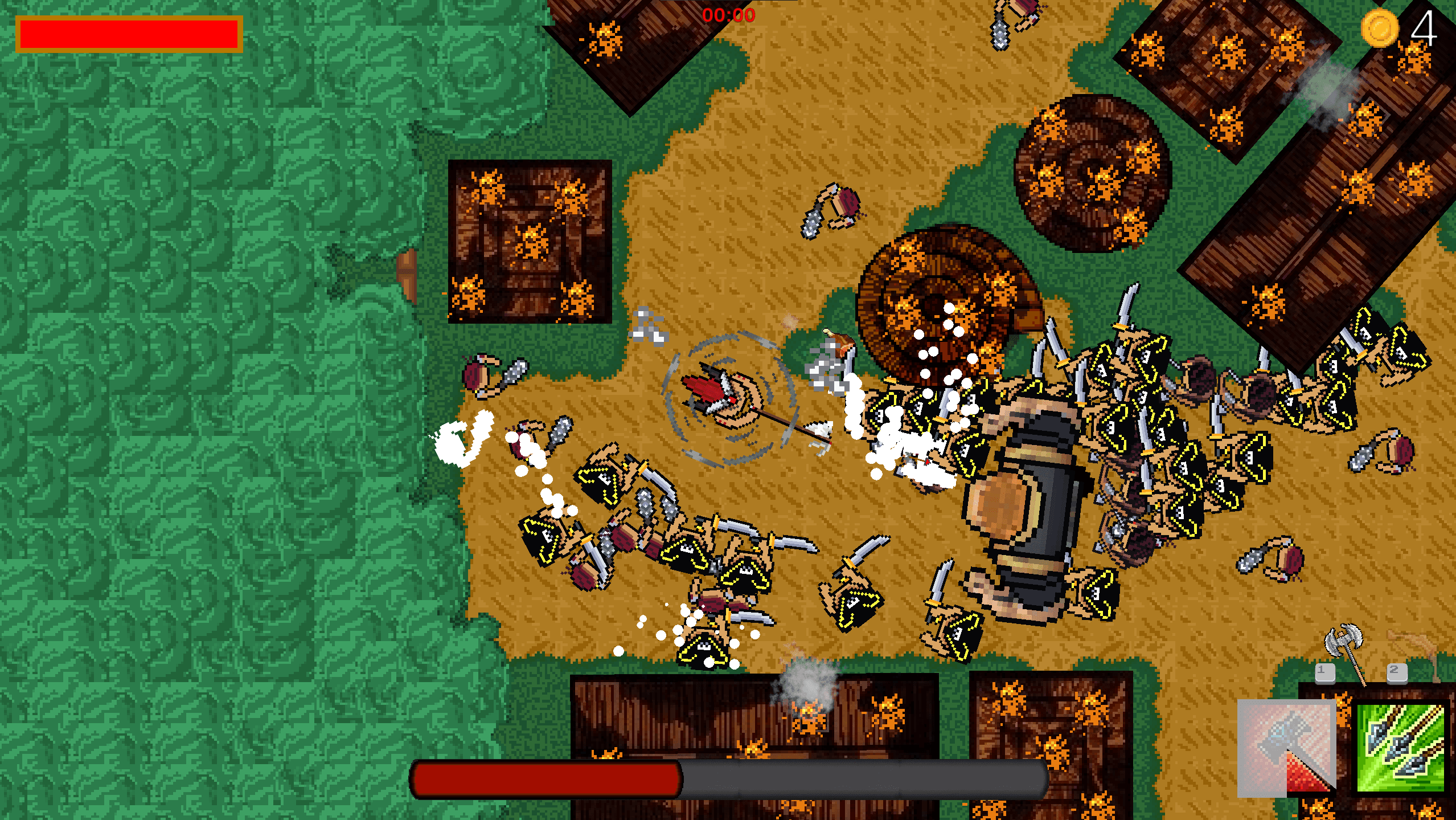 Combat in Tides of Andunië: the player, at the centre of a spinning attack, holds off a crowd of sword-wielding raiders in a burning village.