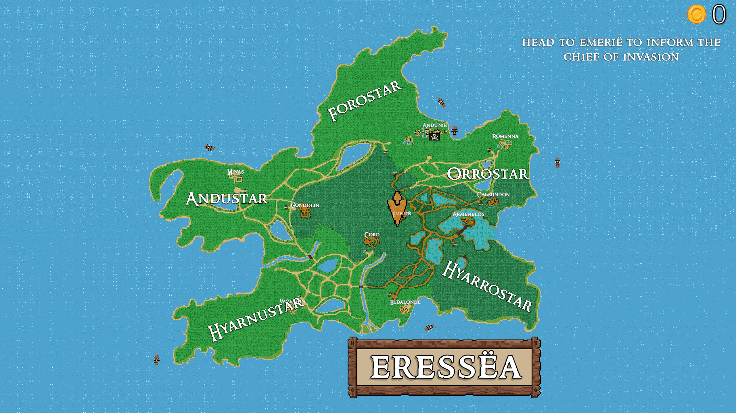 The overworld map of Eressëa, its regions and settlements linked by roads, with a prompt to head to Emerië and inform the chief of the invasion.